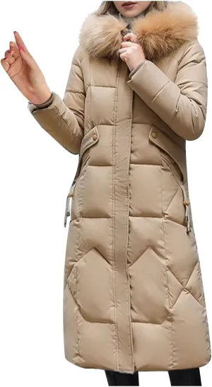 Women's Hooded Long Puffer Coat 2023 Winter Longer Thickened Down Jackets with Pockets Full Zip Cotton Outwear