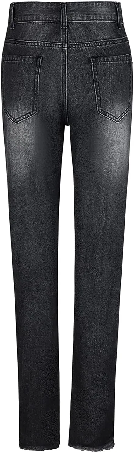 Womens Jeans Trendy 2024 Women Mid Stretch Distressed Boyfriend Denim Jeans Waist Ripped Pants Denim Knit Leggings