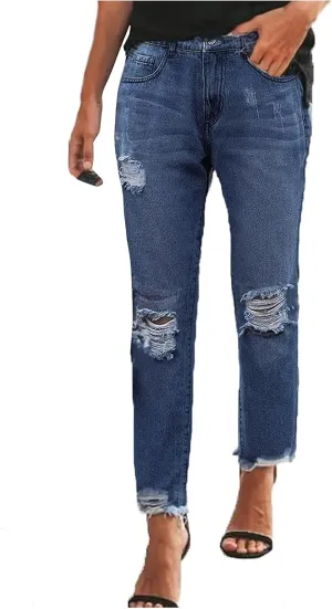 Womens Jeans Trendy 2024 Women Mid Stretch Distressed Boyfriend Denim Jeans Waist Ripped Pants Denim Knit Leggings