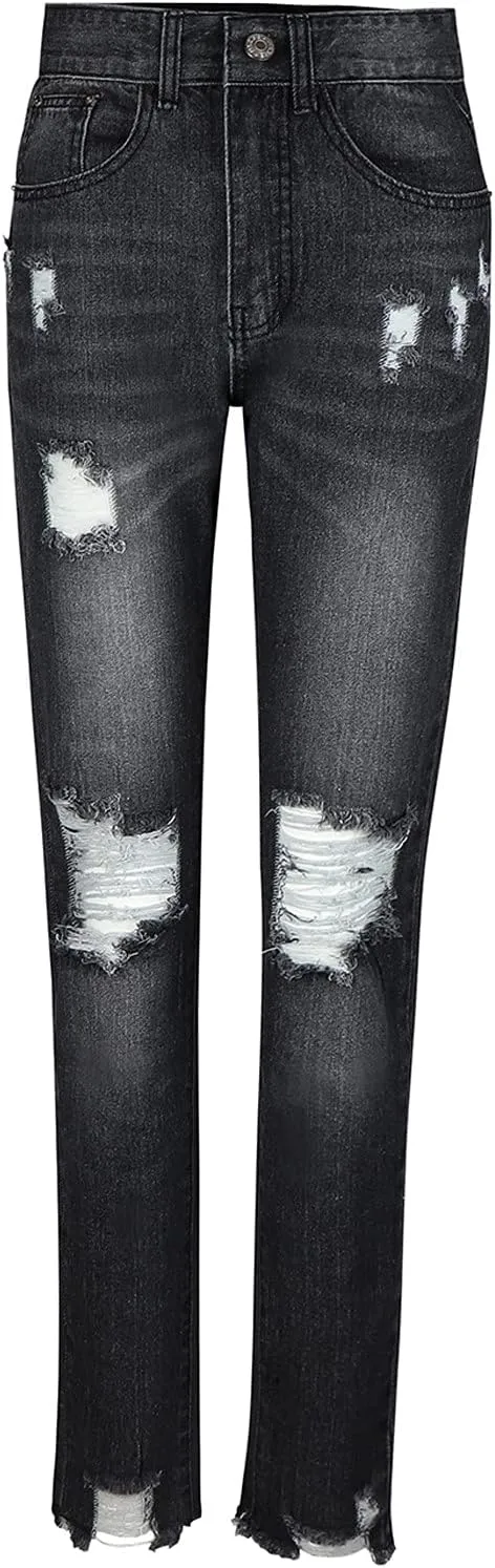 Womens Jeans Trendy 2024 Women Mid Stretch Distressed Boyfriend Denim Jeans Waist Ripped Pants Denim Knit Leggings