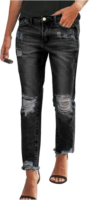 Womens Jeans Trendy 2024 Women Mid Stretch Distressed Boyfriend Denim Jeans Waist Ripped Pants Denim Knit Leggings