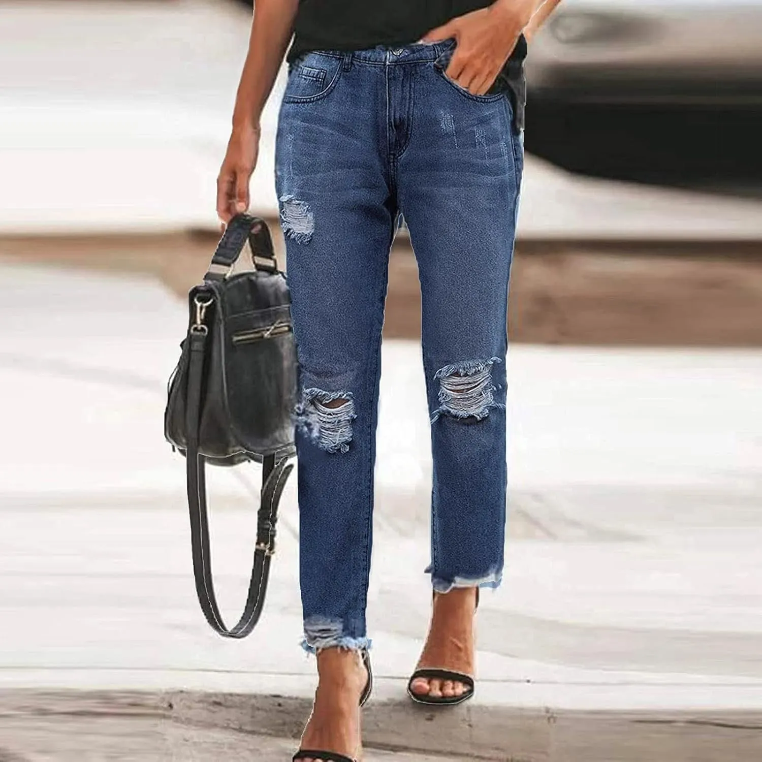 Womens Jeans Trendy 2024 Women Mid Stretch Distressed Boyfriend Denim Jeans Waist Ripped Pants Denim Knit Leggings