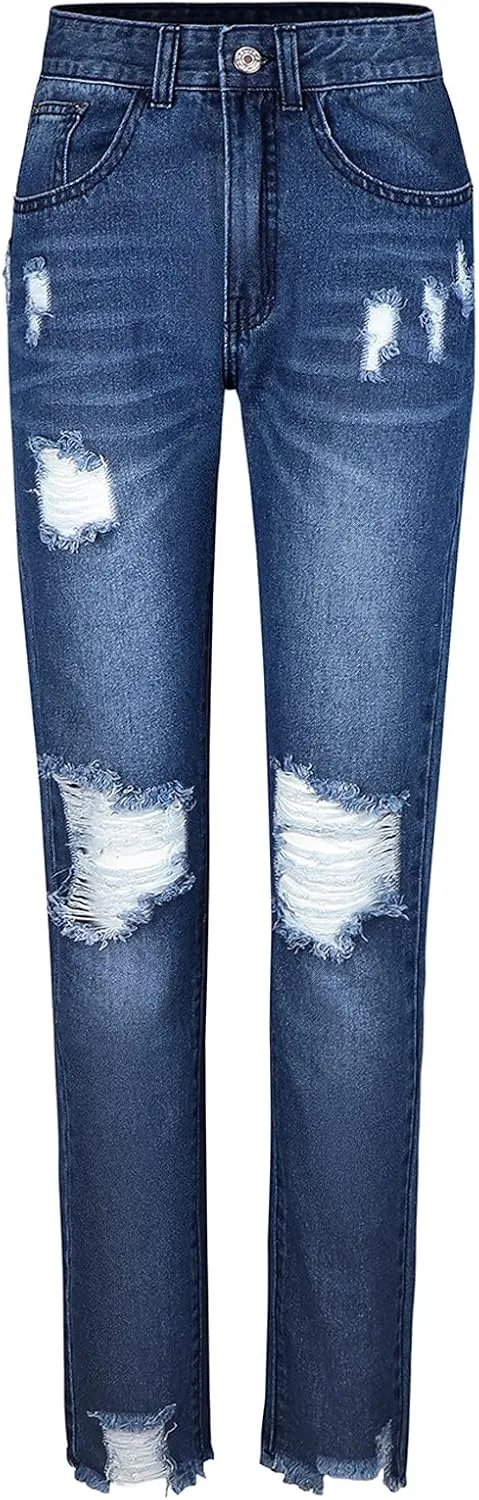 Womens Jeans Trendy 2024 Women Mid Stretch Distressed Boyfriend Denim Jeans Waist Ripped Pants Denim Knit Leggings