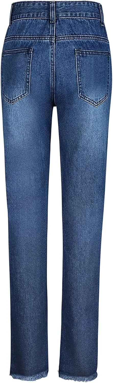 Womens Jeans Trendy 2024 Women Mid Stretch Distressed Boyfriend Denim Jeans Waist Ripped Pants Denim Knit Leggings