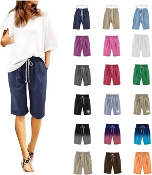 Women's Knee Length Bermuda Shorts Elastic Waist Drawstring Casual 10" Long Linen Shorts Summer Beach Shorts