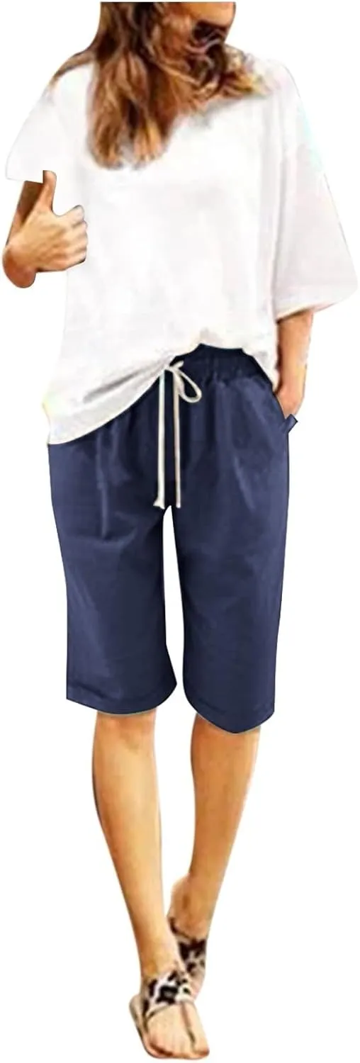 Women's Knee Length Bermuda Shorts Elastic Waist Drawstring Casual 10" Long Linen Shorts Summer Beach Shorts