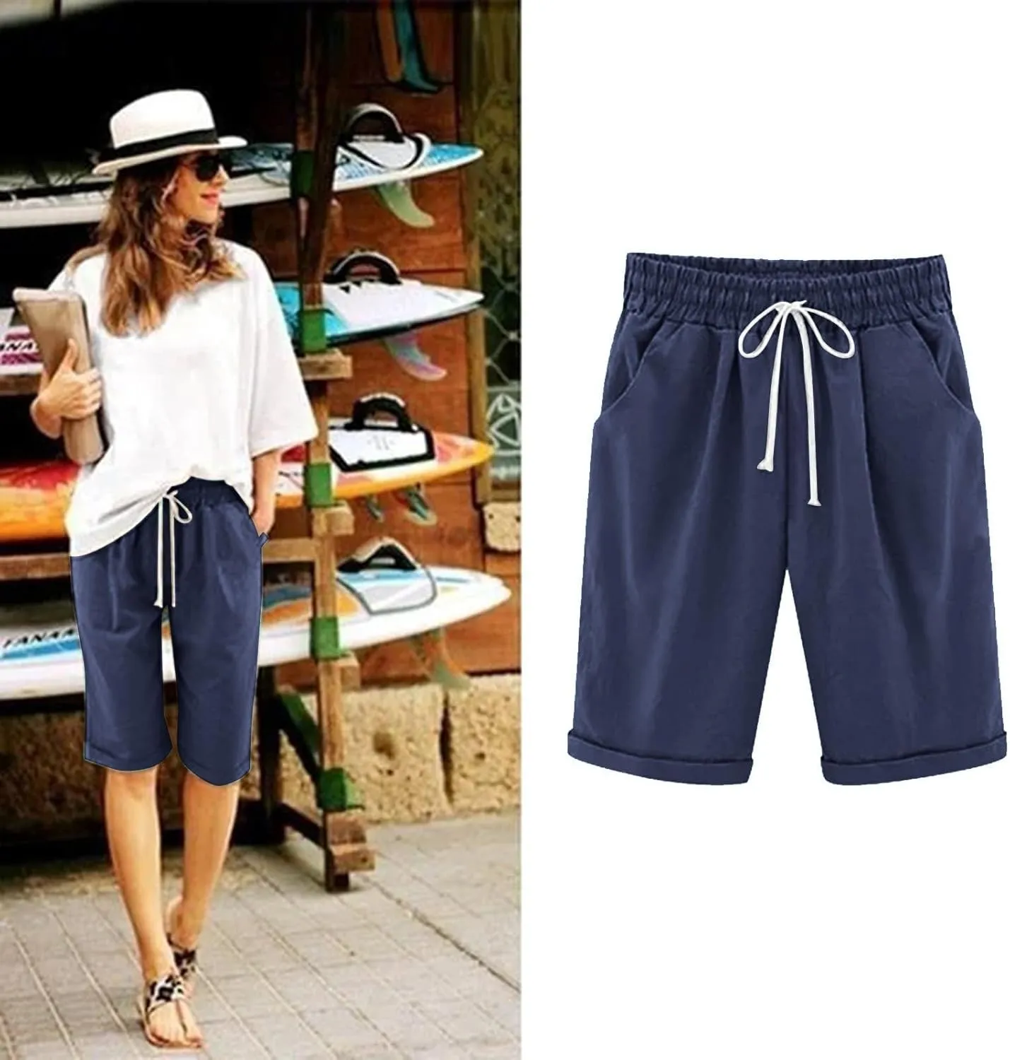 Women's Knee Length Bermuda Shorts Elastic Waist Drawstring Casual 10" Long Linen Shorts Summer Beach Shorts