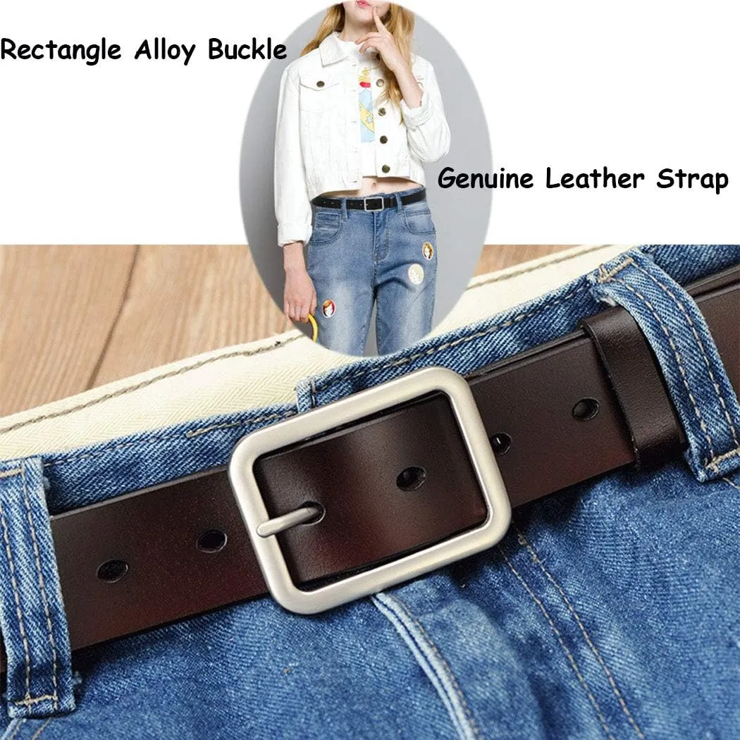 Womens Leather Belt for Jeans, Black Leather Waist Belts with Pin Buckles