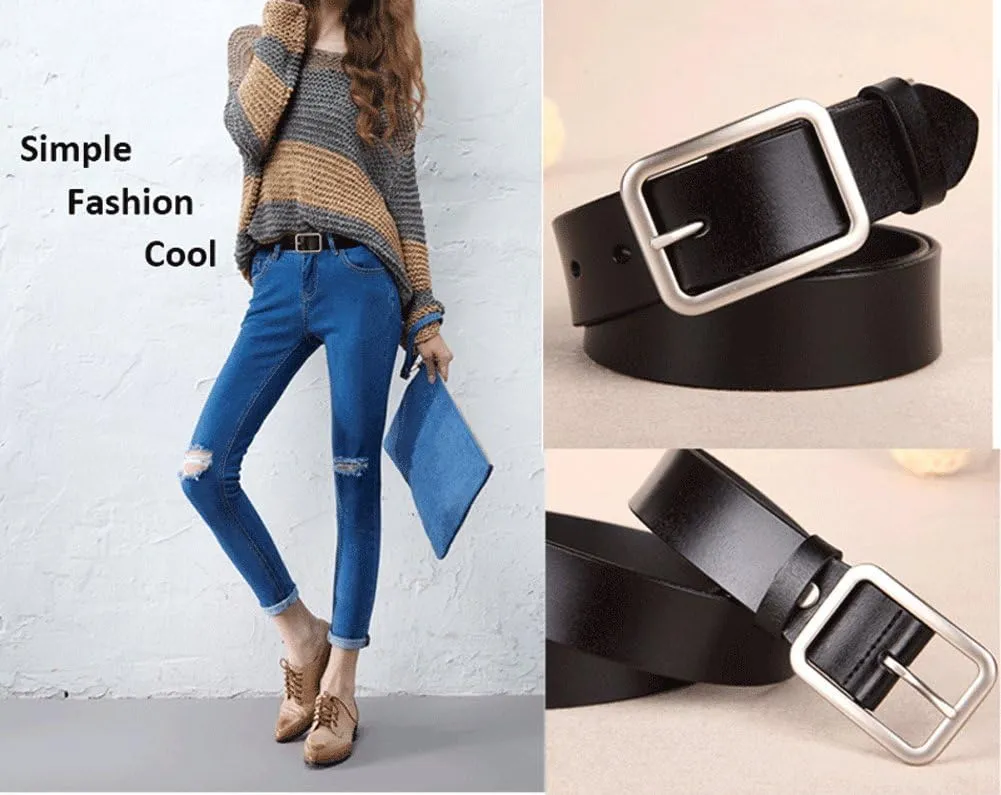 Womens Leather Belt for Jeans, Black Leather Waist Belts with Pin Buckles