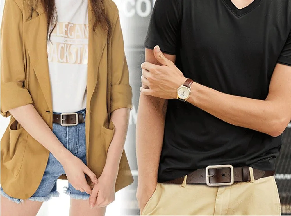 Womens Leather Belt for Jeans, Black Leather Waist Belts with Pin Buckles