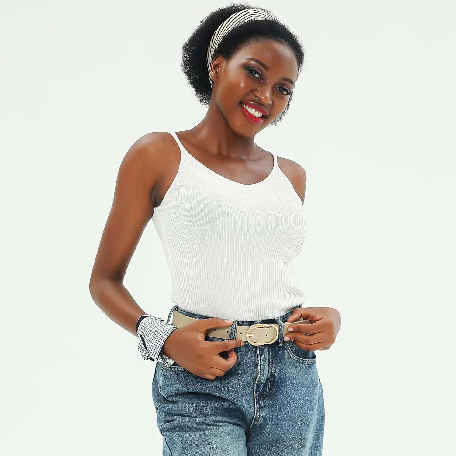 Womens Leather Waist Belts for Jeans Pants with Gold Buckle