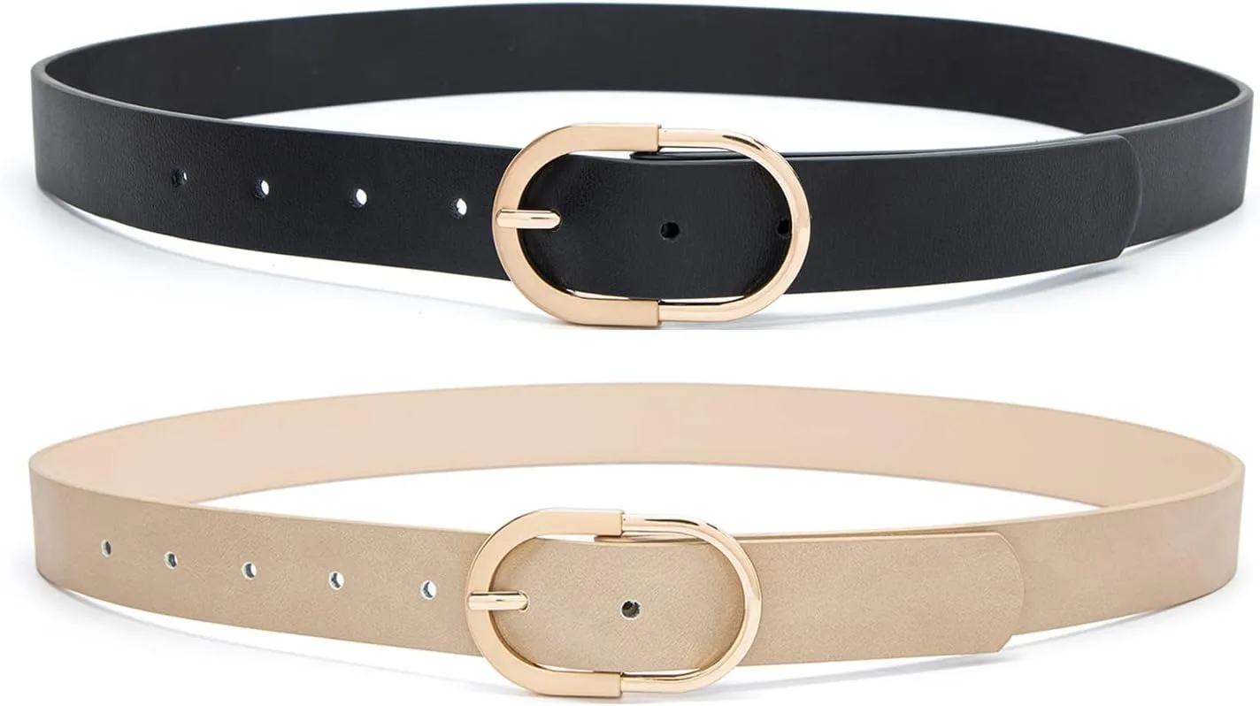 Womens Leather Waist Belts for Jeans Pants with Gold Buckle