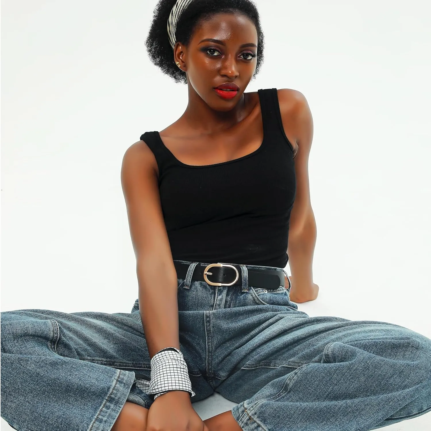Womens Leather Waist Belts for Jeans Pants with Gold Buckle