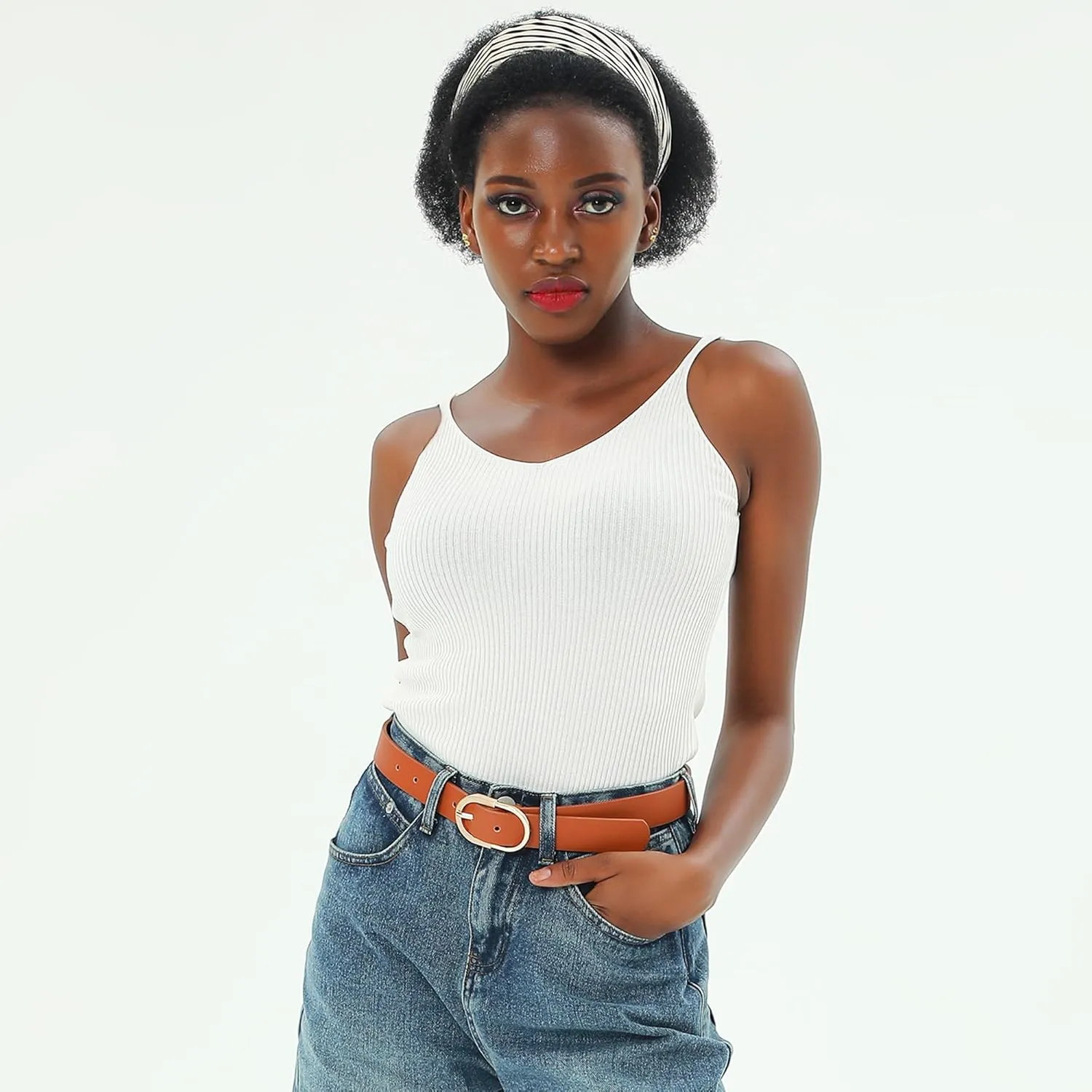 Womens Leather Waist Belts for Jeans Pants with Gold Buckle
