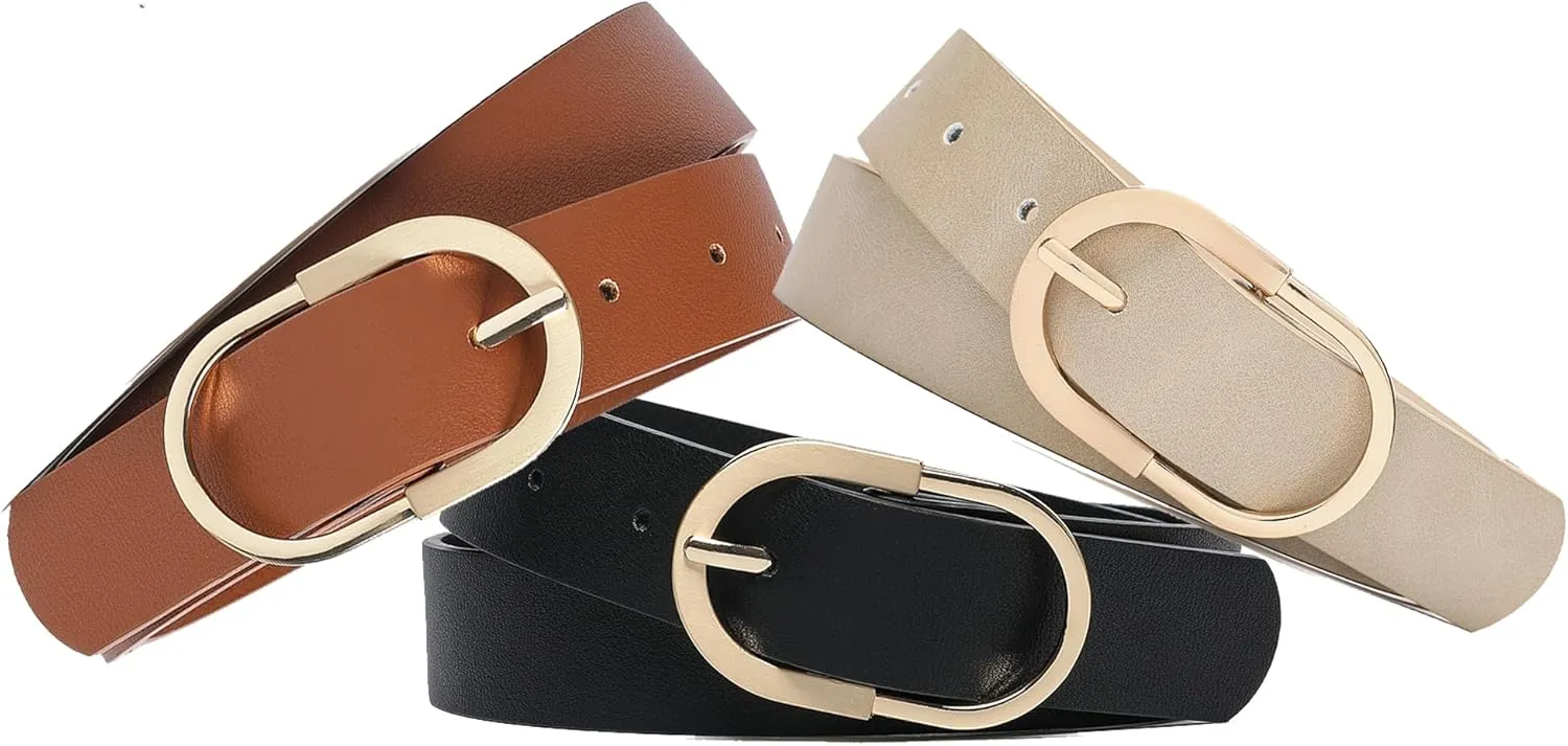 Womens Leather Waist Belts for Jeans Pants with Gold Buckle