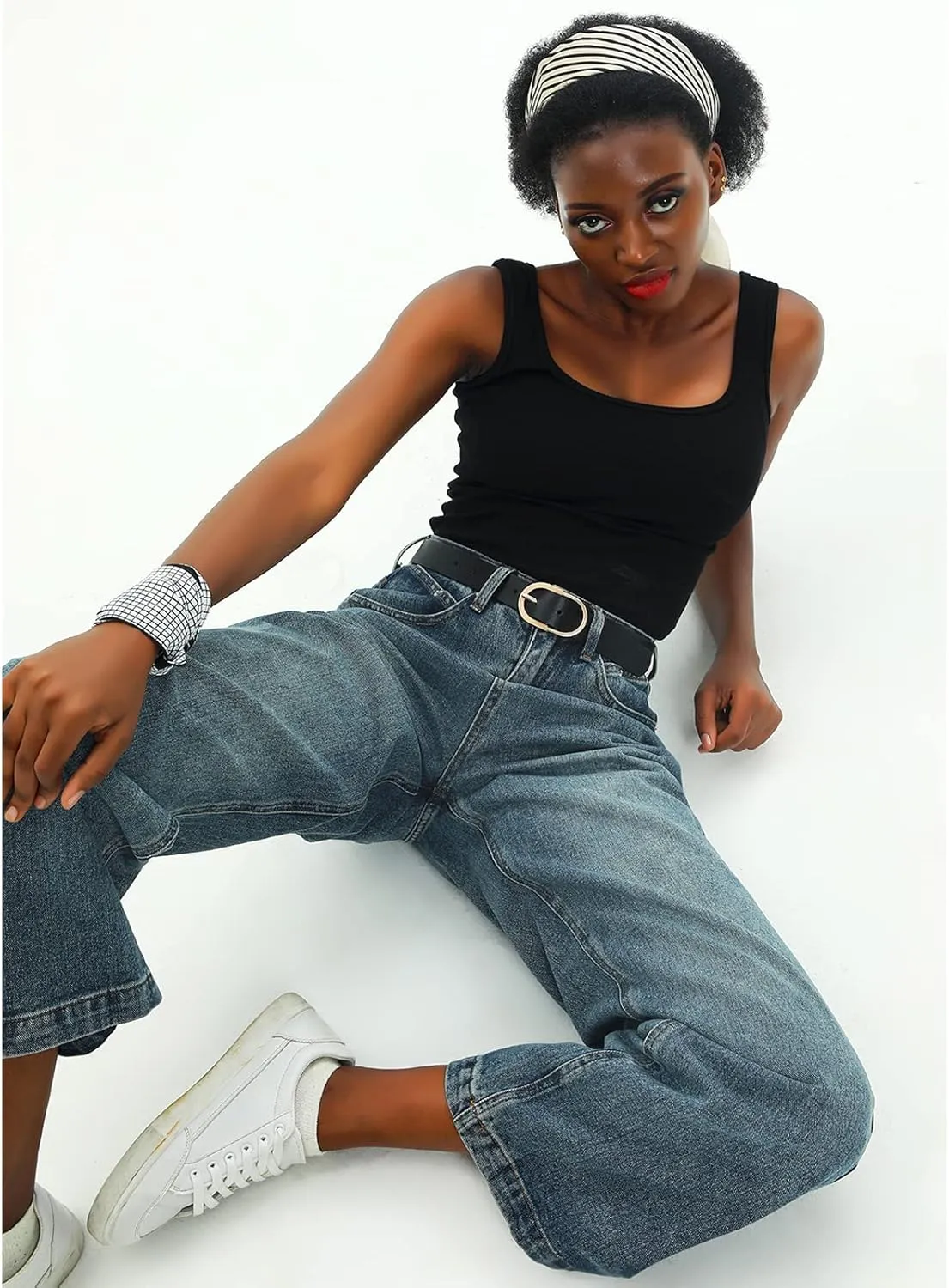 Womens Leather Waist Belts for Jeans Pants with Gold Buckle