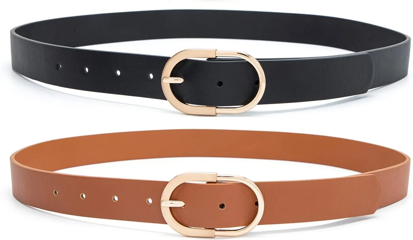Womens Leather Waist Belts for Jeans Pants with Gold Buckle