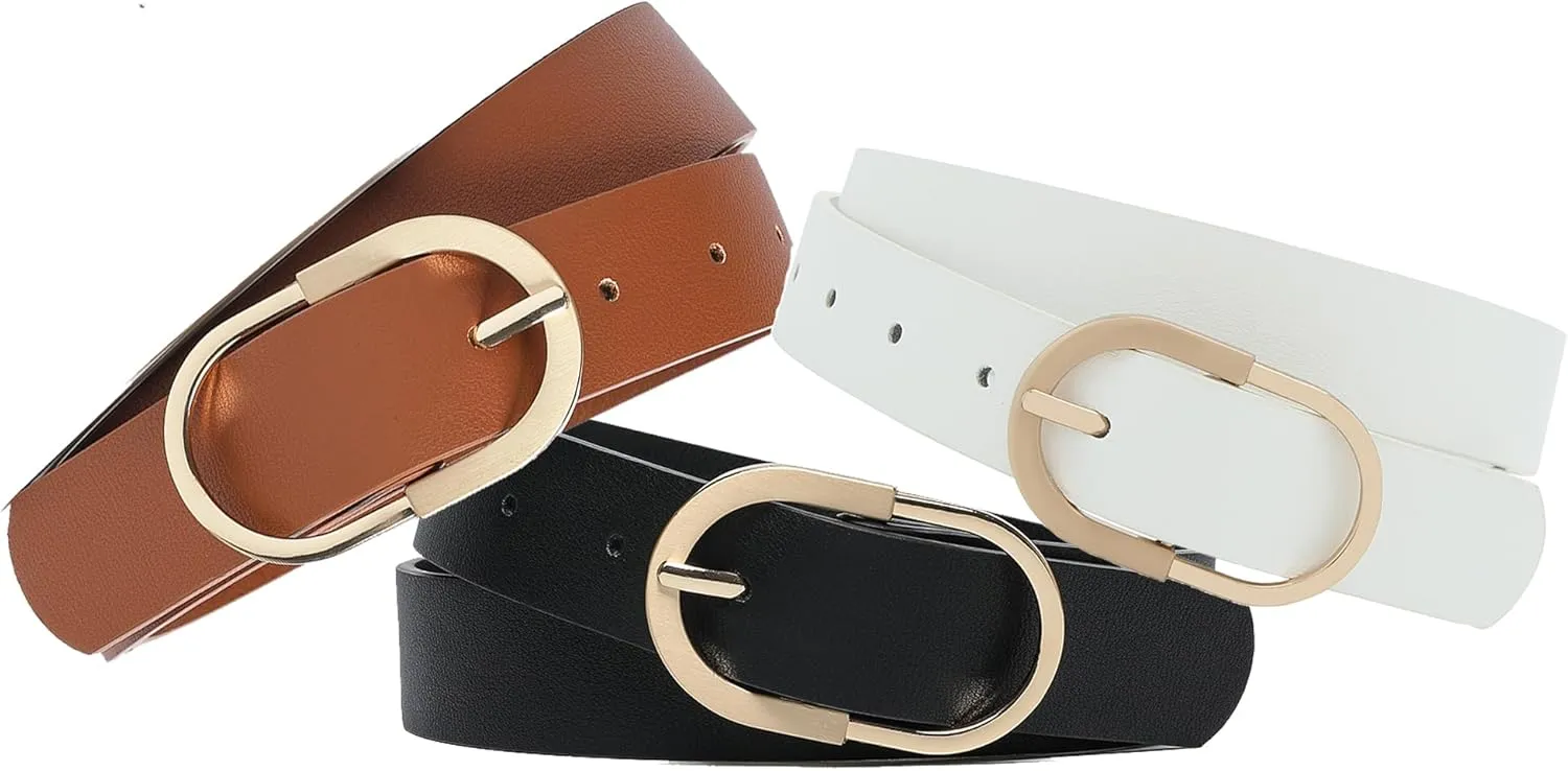 Womens Leather Waist Belts for Jeans Pants with Gold Buckle