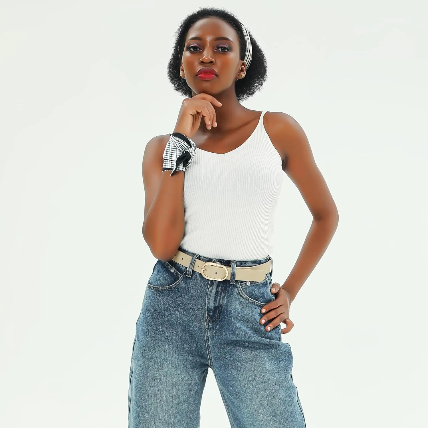 Womens Leather Waist Belts for Jeans Pants with Gold Buckle