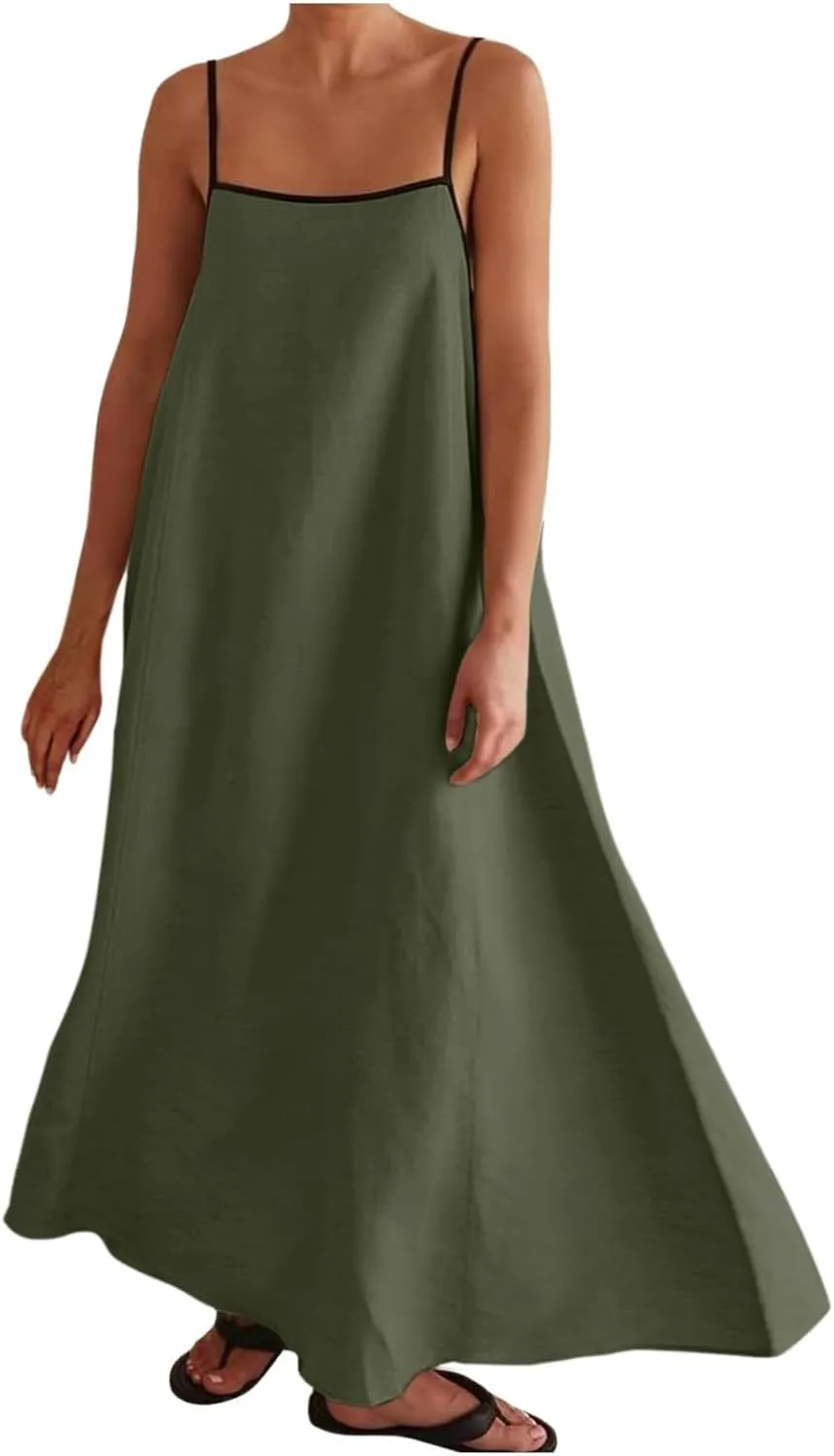 Womens Linen Maxi Dress Contrast Trim Spaghetti Straps Summer Outfits Sleeveless Long Dresses Women's Maxi Dress