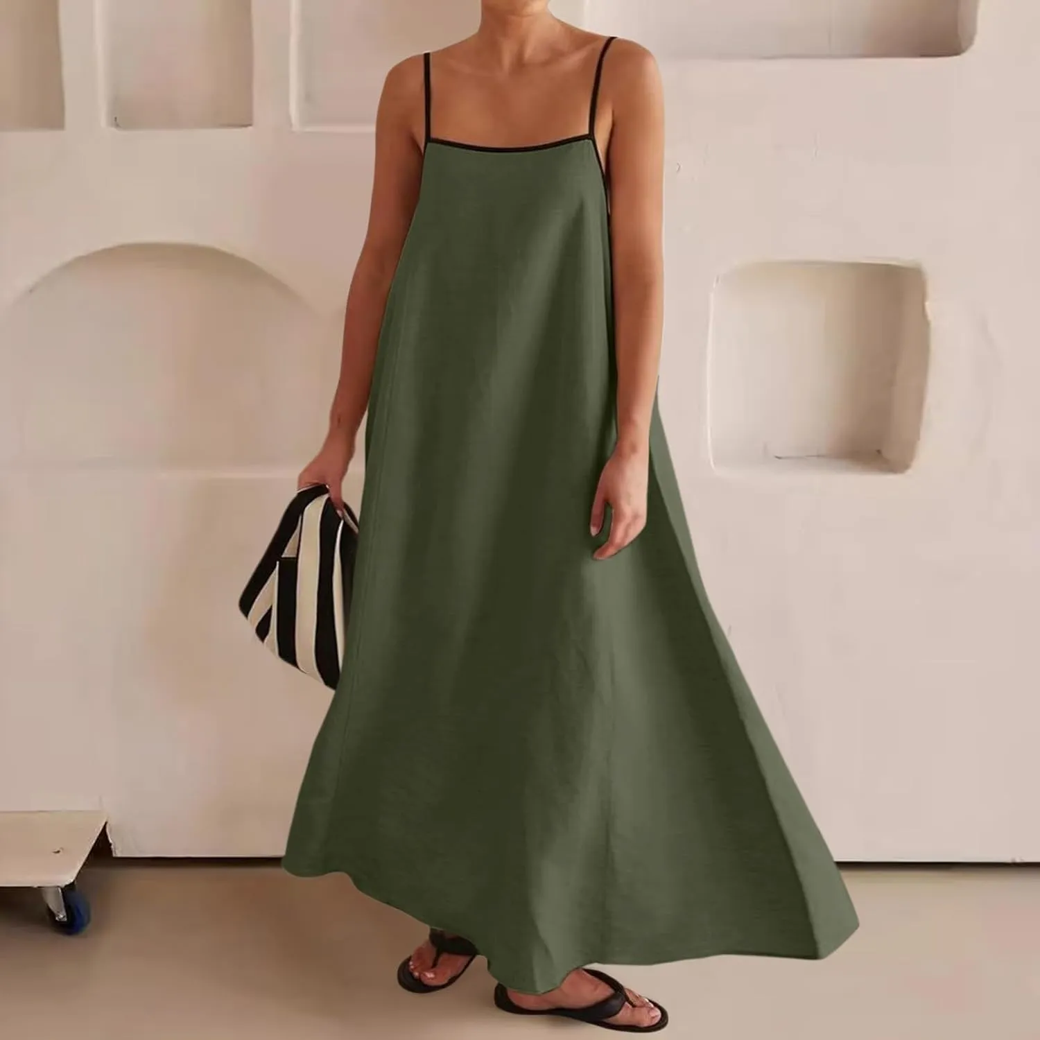 Womens Linen Maxi Dress Contrast Trim Spaghetti Straps Summer Outfits Sleeveless Long Dresses Women's Maxi Dress