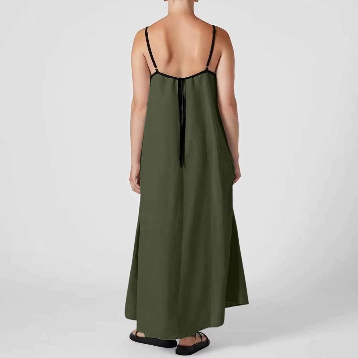 Womens Linen Maxi Dress Contrast Trim Spaghetti Straps Summer Outfits Sleeveless Long Dresses Women's Maxi Dress