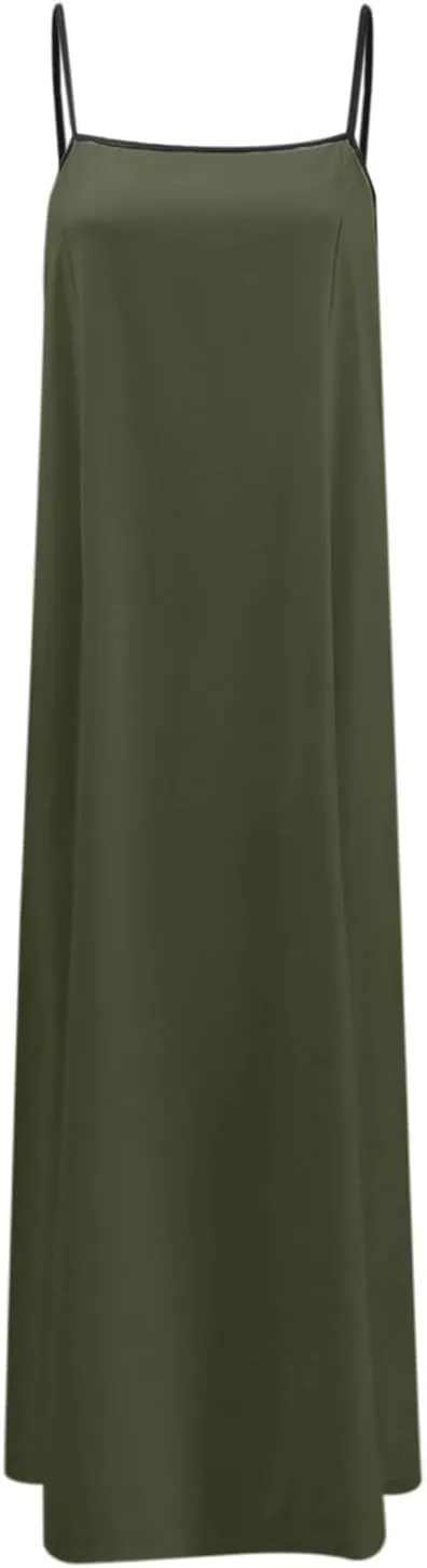 Womens Linen Maxi Dress Contrast Trim Spaghetti Straps Summer Outfits Sleeveless Long Dresses Women's Maxi Dress