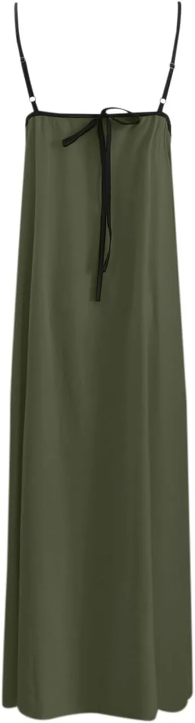 Womens Linen Maxi Dress Contrast Trim Spaghetti Straps Summer Outfits Sleeveless Long Dresses Women's Maxi Dress