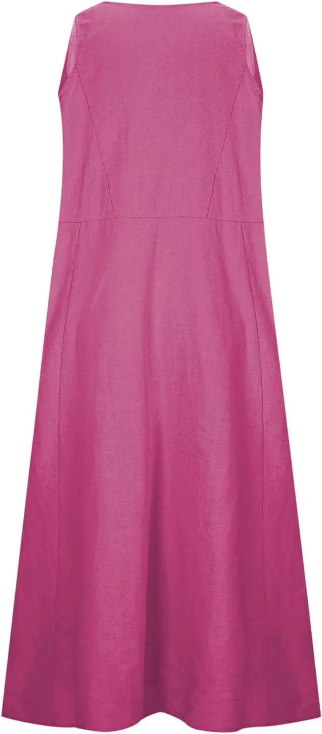 Women's Linen Maxi Dress Sleeveless Sundress with Pockets Round Neck Loose Lounge Dress Casual Flowy Beach Dresses