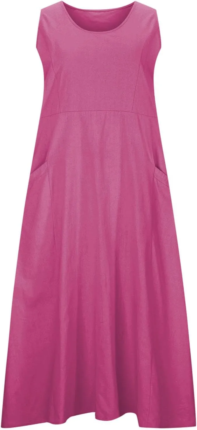 Women's Linen Maxi Dress Sleeveless Sundress with Pockets Round Neck Loose Lounge Dress Casual Flowy Beach Dresses