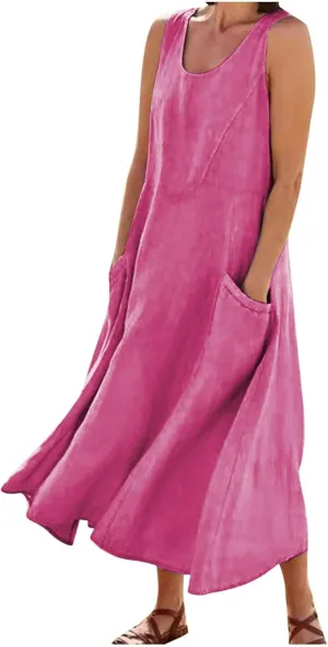Women's Linen Maxi Dress Sleeveless Sundress with Pockets Round Neck Loose Lounge Dress Casual Flowy Beach Dresses