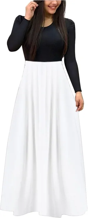 Women's Long Sleeve Maxi Dresses Crewneck Solid Color Patchwork Long Dress Flowy Party Dress Shift Fall Dress White