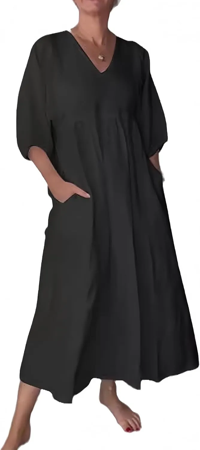 Womens Maxi Dress Summer Plus Size Cotton Linen Dresses Short Sleeve Summer Midi Dress V Neck Beach Sundress Pockets