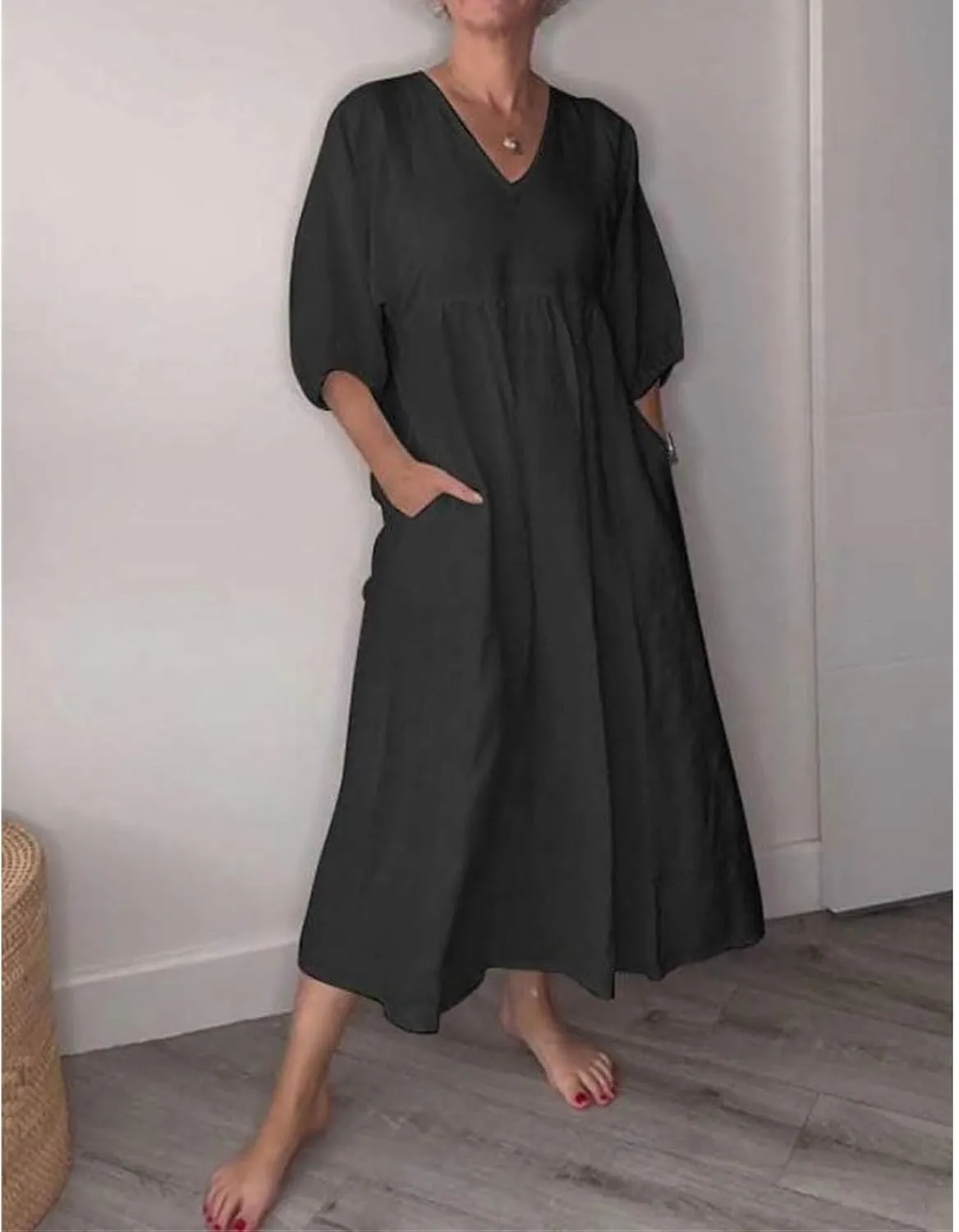 Womens Maxi Dress Summer Plus Size Cotton Linen Dresses Short Sleeve Summer Midi Dress V Neck Beach Sundress Pockets