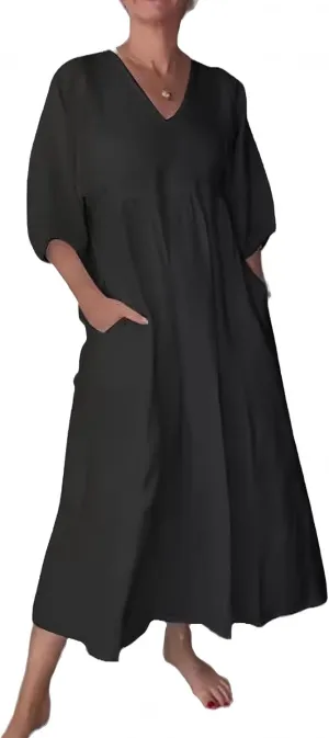 Womens Maxi Dress Summer Plus Size Cotton Linen Dresses Short Sleeve Summer Midi Dress V Neck Beach Sundress Pockets