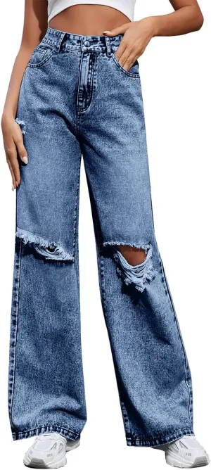 Women's Pants Fashion Denim Hole Senior Hundred Solid Color Casual Loose Pants Winter Straight Leg Jeans 2024