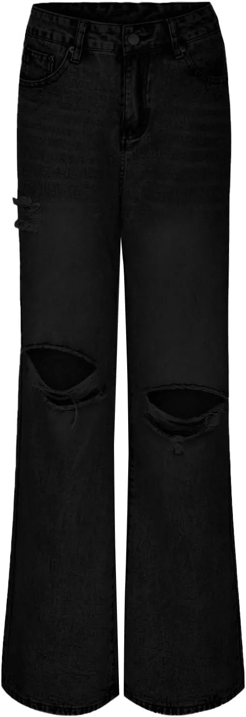 Women's Pants Fashion Denim Hole Senior Hundred Solid Color Casual Loose Pants Winter Straight Leg Jeans 2024