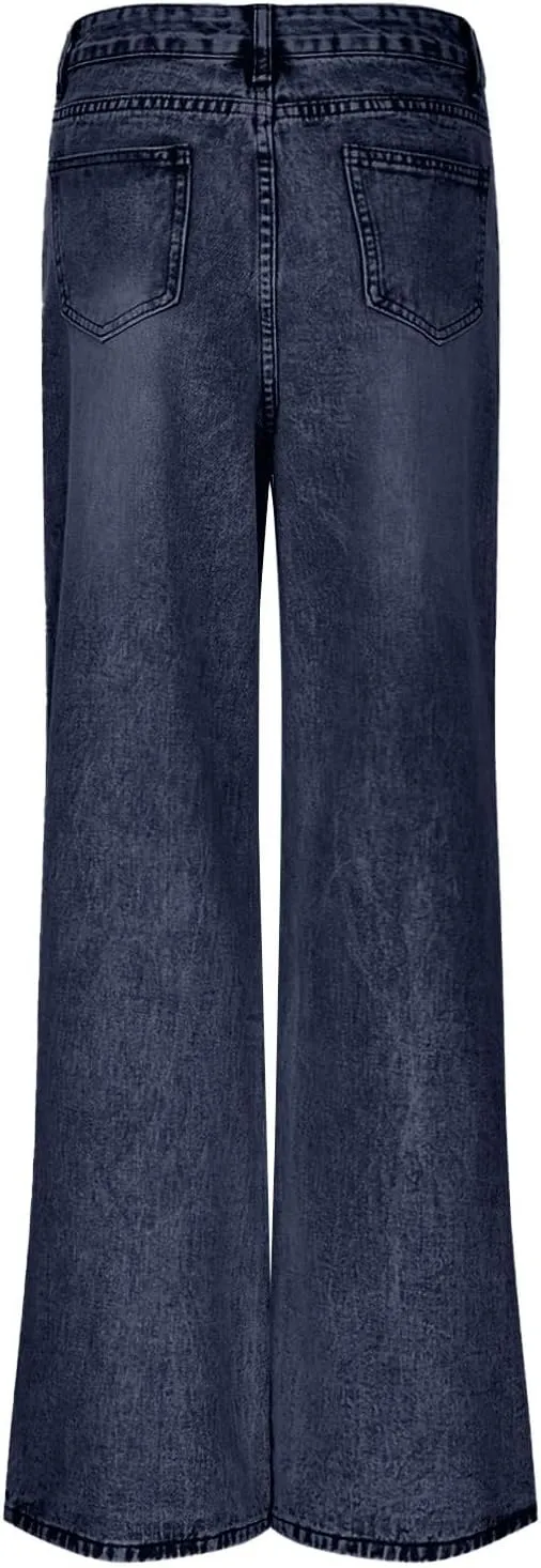 Women's Pants Fashion Denim Hole Senior Hundred Solid Color Casual Loose Pants Winter Straight Leg Jeans 2024