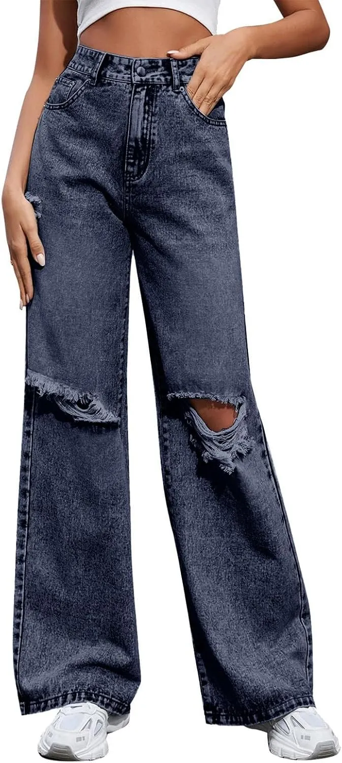 Women's Pants Fashion Denim Hole Senior Hundred Solid Color Casual Loose Pants Winter Straight Leg Jeans 2024