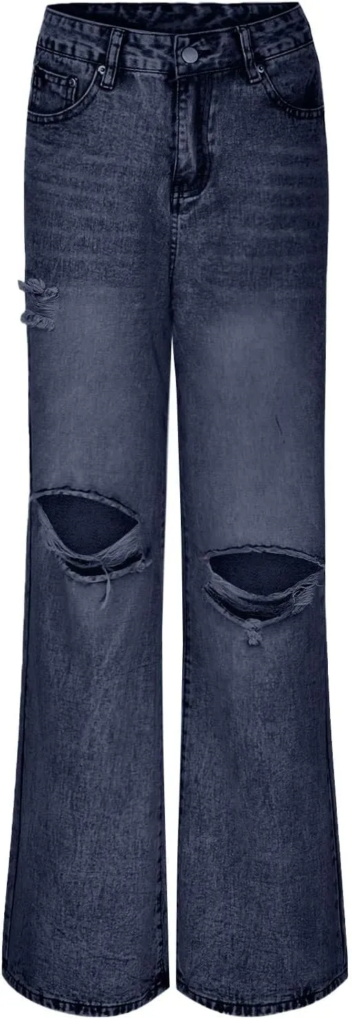 Women's Pants Fashion Denim Hole Senior Hundred Solid Color Casual Loose Pants Winter Straight Leg Jeans 2024