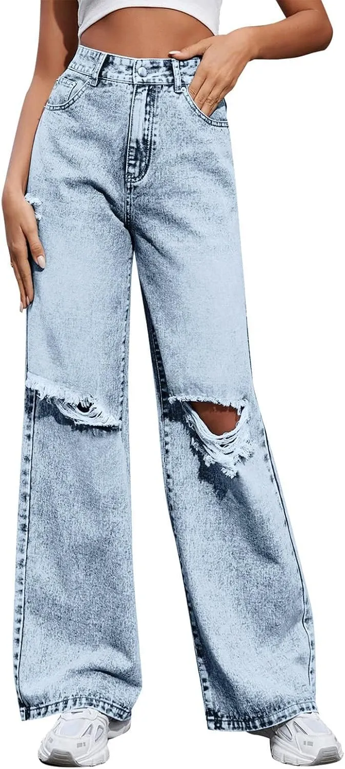 Women's Pants Fashion Denim Hole Senior Hundred Solid Color Casual Loose Pants Winter Straight Leg Jeans 2024