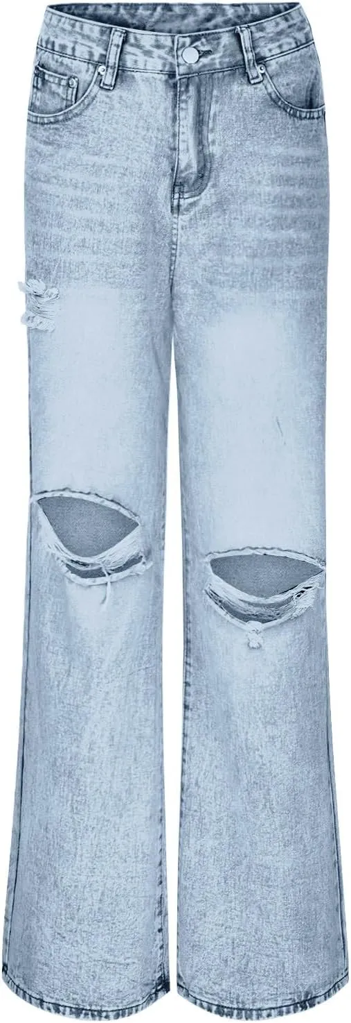 Women's Pants Fashion Denim Hole Senior Hundred Solid Color Casual Loose Pants Winter Straight Leg Jeans 2024