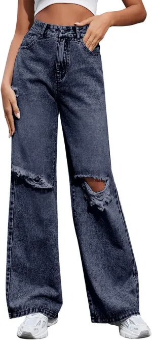 Women's Pants Fashion Denim Hole Senior Hundred Solid Color Casual Loose Pants Winter Straight Leg Jeans 2024