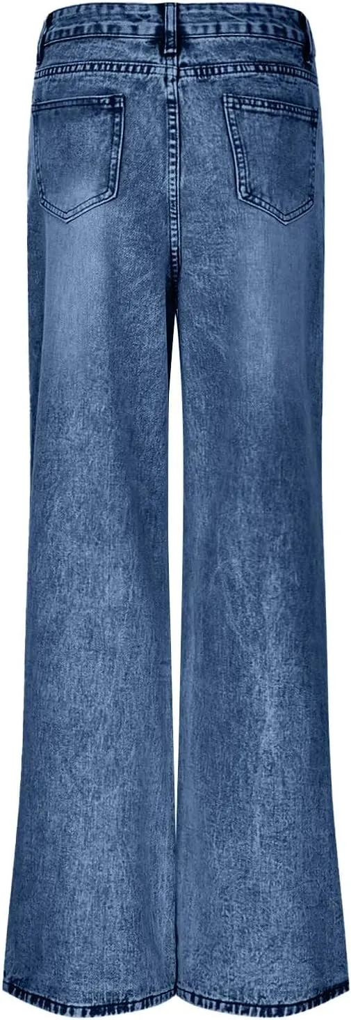 Women's Pants Fashion Denim Hole Senior Hundred Solid Color Casual Loose Pants Winter Straight Leg Jeans 2024