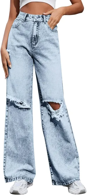 Women's Pants Fashion Denim Hole Senior Hundred Solid Color Casual Loose Pants Winter Straight Leg Jeans 2024