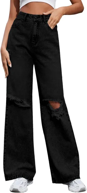 Women's Pants Fashion Denim Hole Senior Hundred Solid Color Casual Loose Pants Winter Straight Leg Jeans 2024