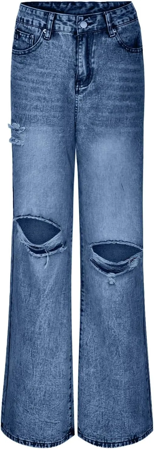 Women's Pants Fashion Denim Hole Senior Hundred Solid Color Casual Loose Pants Winter Straight Leg Jeans 2024