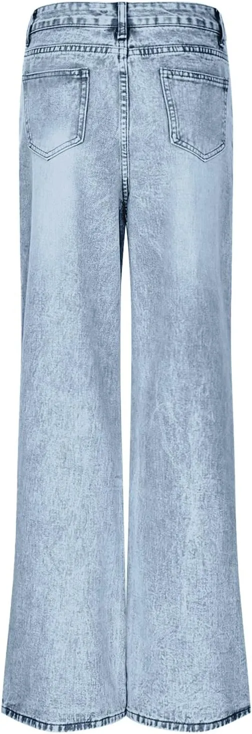 Women's Pants Fashion Denim Hole Senior Hundred Solid Color Casual Loose Pants Winter Straight Leg Jeans 2024