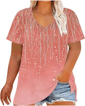 Womens Plus Size Tops Short Sleeve Tunic V-Neck Shirts Summer Casual Loose Blouse 3D Graphic Tees Tops