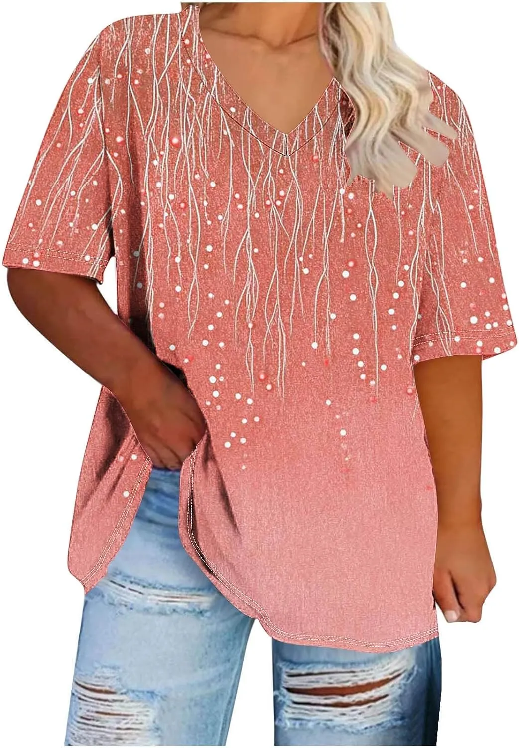 Womens Plus Size Tops Short Sleeve Tunic V-Neck Shirts Summer Casual Loose Blouse 3D Graphic Tees Tops